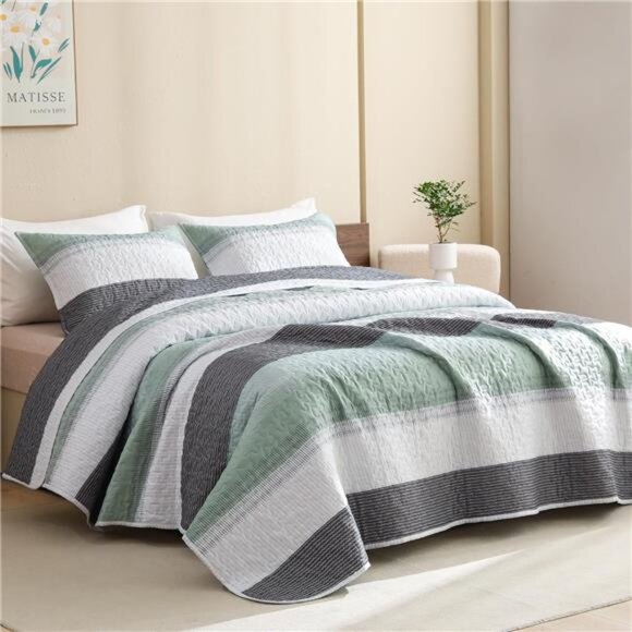 California King Quilt Set Sage Green - Cal King Oversized Stripe Comforter - Picture 9 of 16